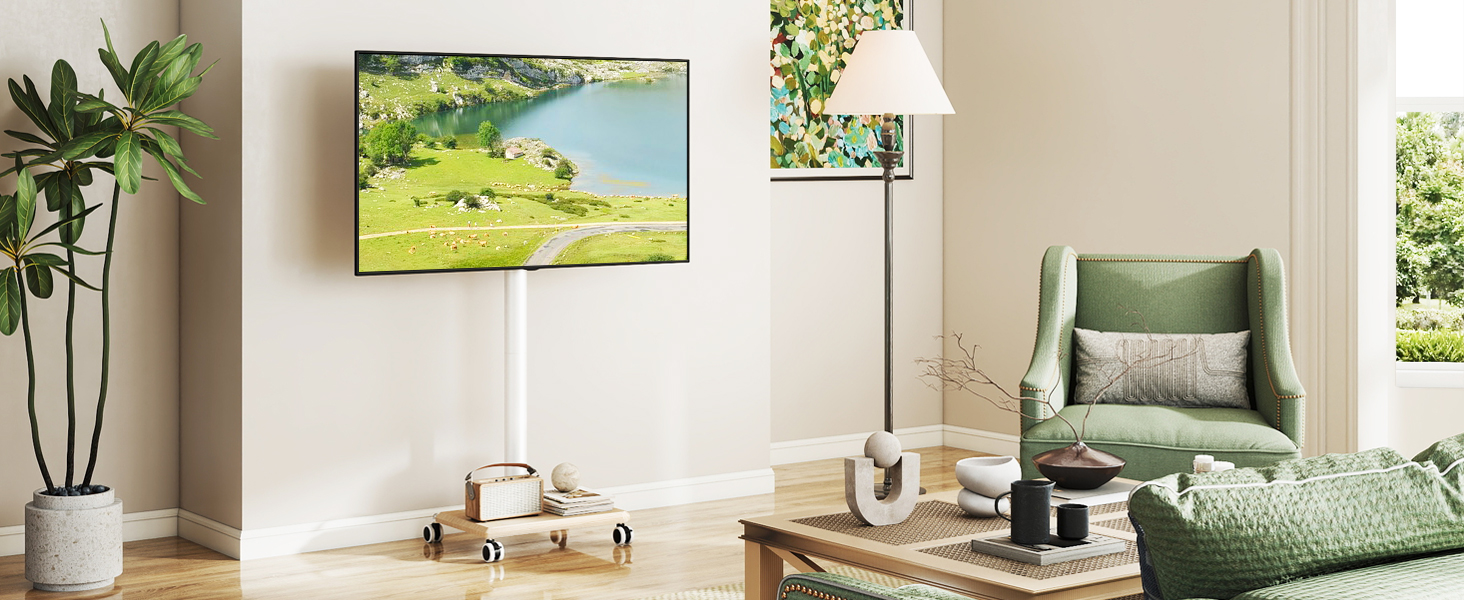 Підставка для телевізора на колесах з полицею, телевізійна тумба, мобільна підставка для телевізора 27-55 дюймів, до 40 кг, VESA 400x400 мм (Бежева)