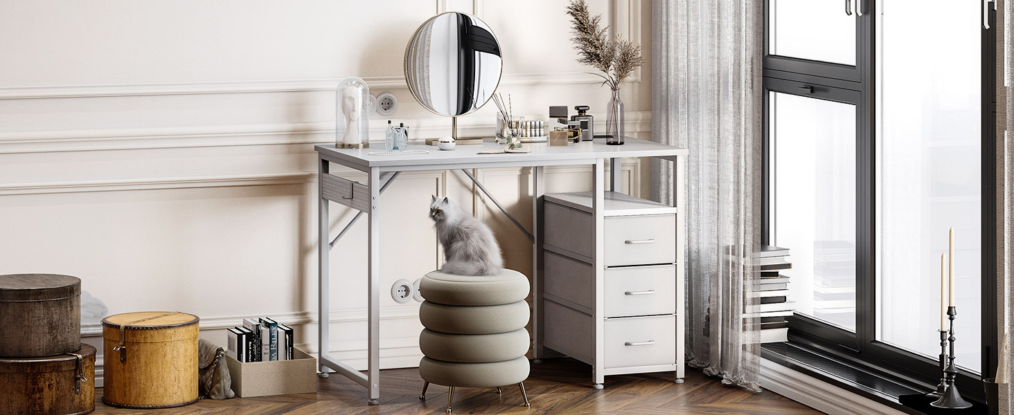 Комп'ютерний стіл ODK з 3 висувними ящиками, 100x48x75.5 см, з розетками та USB, білий. Перевертається, для дому та офісу