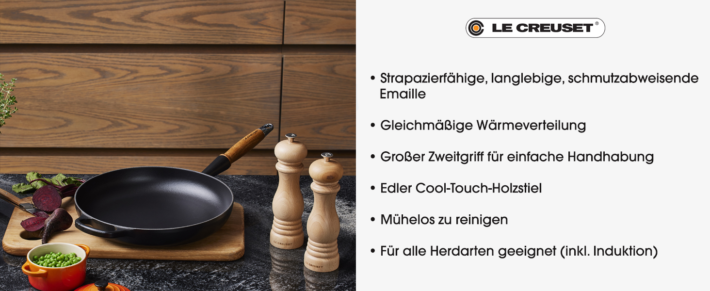 LE CREUSET сковорода жаровня з чавуну з дерев'яним ручками 28 см, колір 'Огневий Рубін'