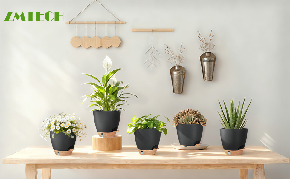 Набір горщиків для квітів ZMTECH 25 см з підставкою, пластикові пересаджувальні горщики з автополивом, кашпо з індикатором рівня води для дому/саду (2 шт., чорний)