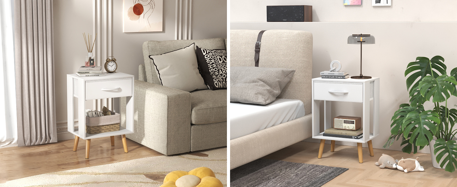 Набір з 2 приліжних тумбочок, 40x30x60.3 см. Тумбочки з шухлядою для спальні, дитячої кімнати. Білий колір.