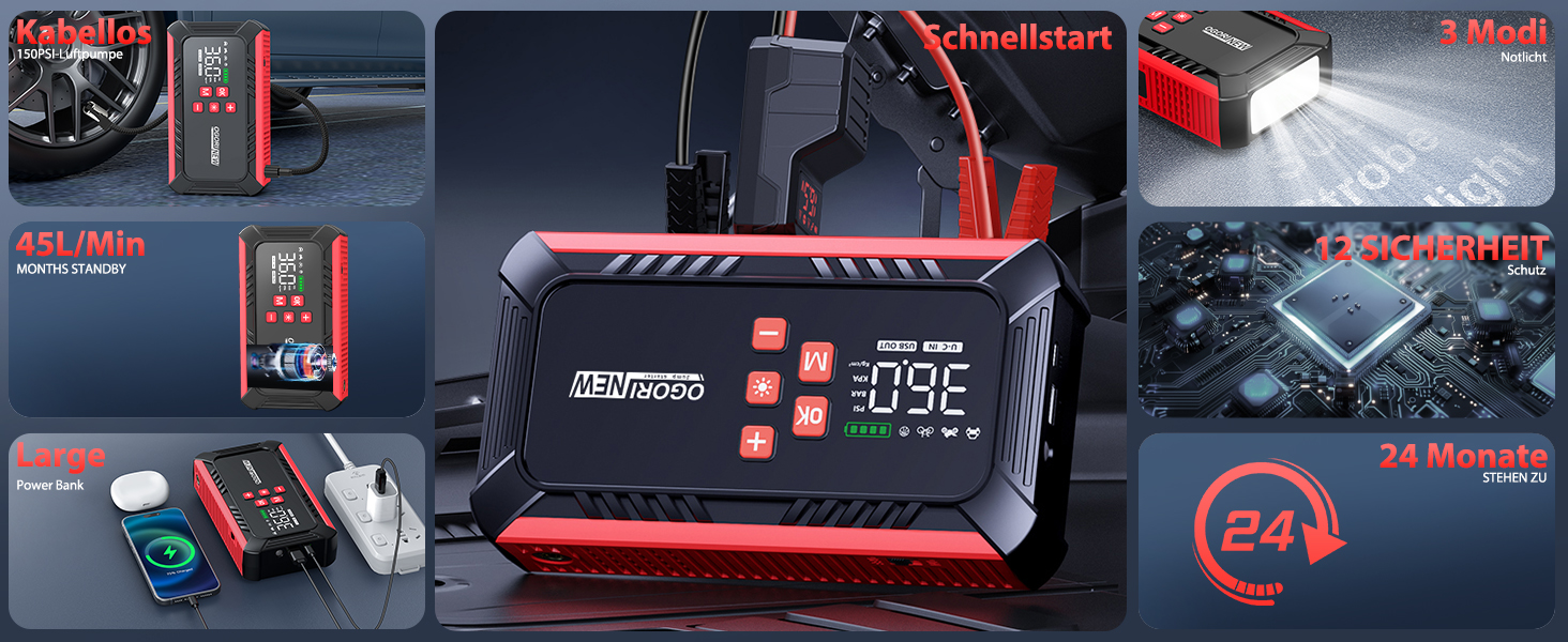 Powerbank для автомобіля з компресором 150 PSI, 7000A, 12V, 8L/10L (бензин/дизель), LED-ліхтарик