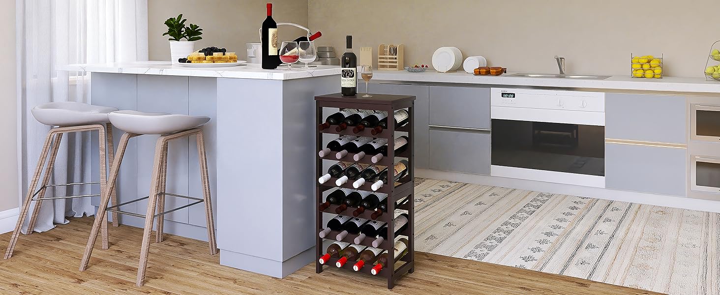 Стеллаж для вина на 24 пляшки з бамбука, 6-ярусний, з полицями та столом (колір: коричневий)