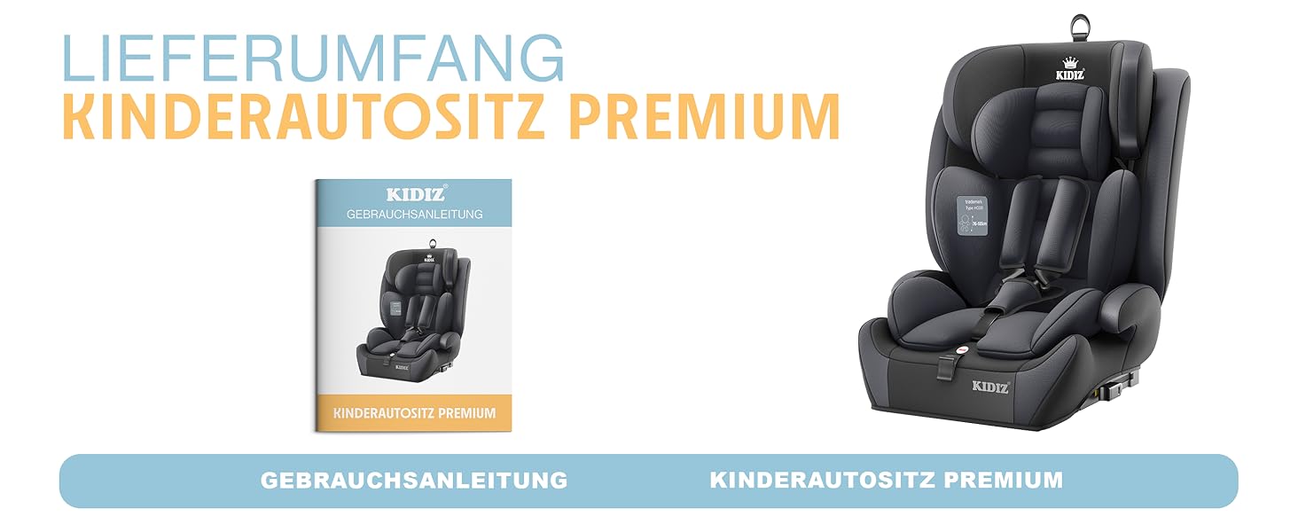 Автокрісло KIDIZ® 1+2+3 для дітей 9-36 кг з 5-точковим ременем безпеки, регульованою підголовником та Isofix (антрацит)