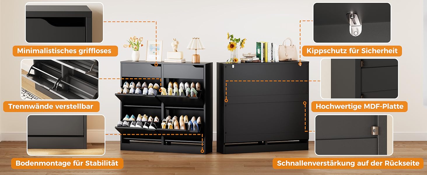 Шкаф для взуття IRONCK з 4 дверцятами, вузький, з 2 висувними ящиками, окремо стоячий, з регульованими перегородками, для передпокою, входу та вітальні (Білий) Білий (100x23.5x98см, Чорний)