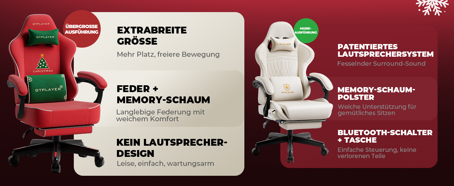 Ігровий крісло GTPLAYER з різдвяним мотивом, з підніжкою, широке сидіння, з подушкою для спини та синхронізованими підлокітниками для великих людей, велюр, червоний, на Різдво