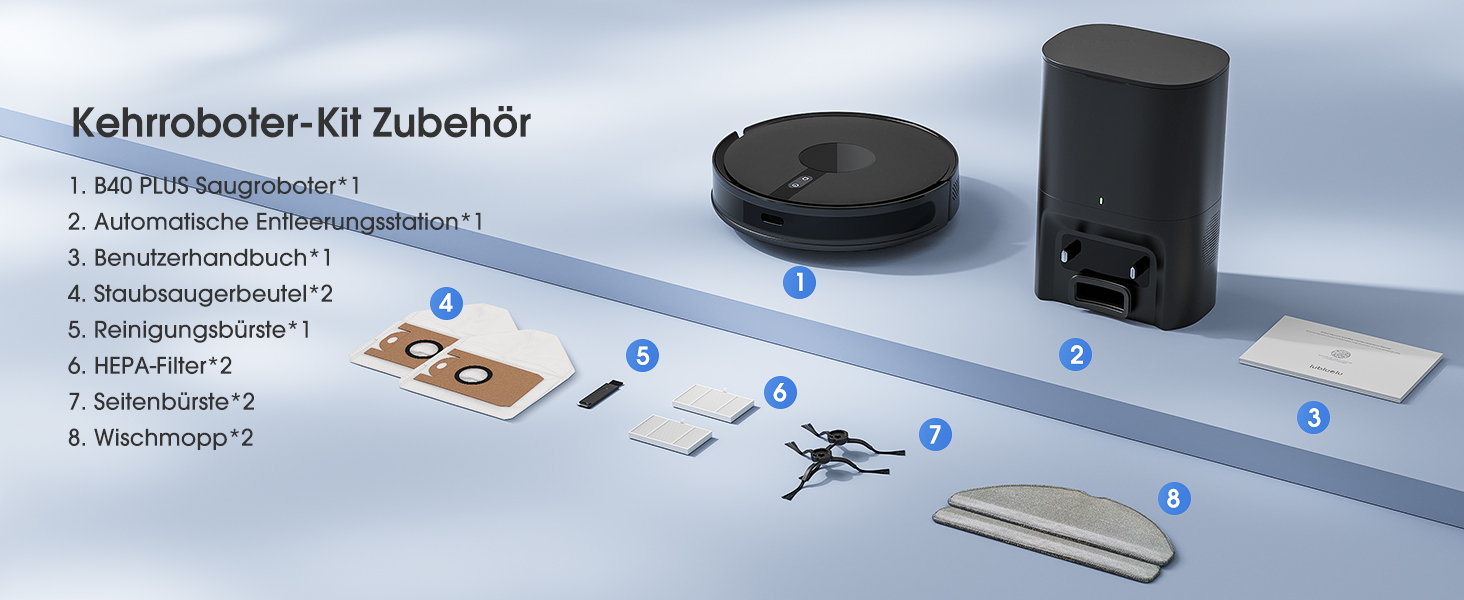 Робот-пилосос BPMIO з функцією миття підлоги та станцією самоочищення, потужність всмоктування 6500Pa, навігація LiDAR, час роботи 180 хвилин, ідеально підходить для шерсті тварин, килима та твердих підлог (B40 Plus)