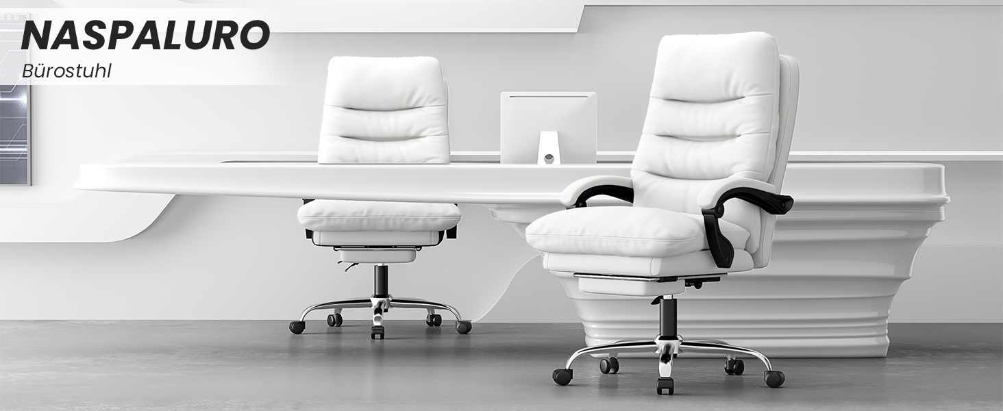 Ергономічне крісло для офісу Naspaluro з підніжкою, комп'ютерне крісло з двошаровою подушкою, високою спинкою, функцією відкидання, регулюванням висоти, з PU-шкіри, до 150 кг (Білий, Штучна шкіра)