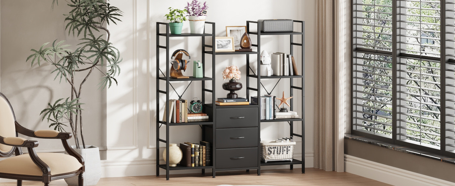 Стильна полиця-стеллаж з 4 висувними ящиками з тканини, 142 см, чорний колір. Ідеально для вітальні, офісу, кухні, балкону. Книжкова полиця, стелаж-куб, полиця для зберігання.