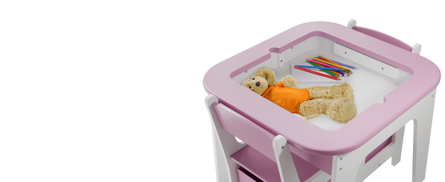 Дитяча стільниця Juskys Milou - комплект з 2 стільців та столу - дерев'яний дитячий столик з місцем для зберігання, стільниця для малювання (рожева)