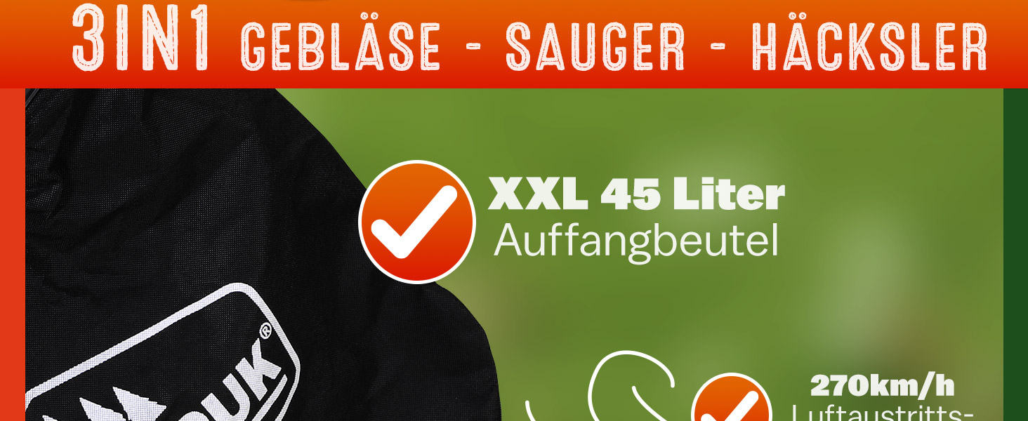 Електричний садовий повітродув-пилосос Gardebruk 3 в 1 з подрібнювачем листя, 3000W, 270 км/год, 45 л, ремінь на плече