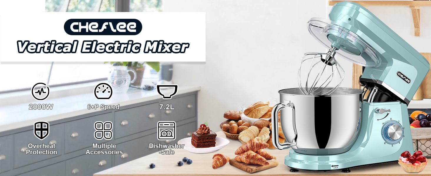 Кухонна машина Cheflee 2000W: потужна планетарна міксер для тіста та збивання, 6 швидкостей, 7.2 л чаша з нержавіючої сталі, гак для тіста та вінчик, захист від бризок (блакитна)
