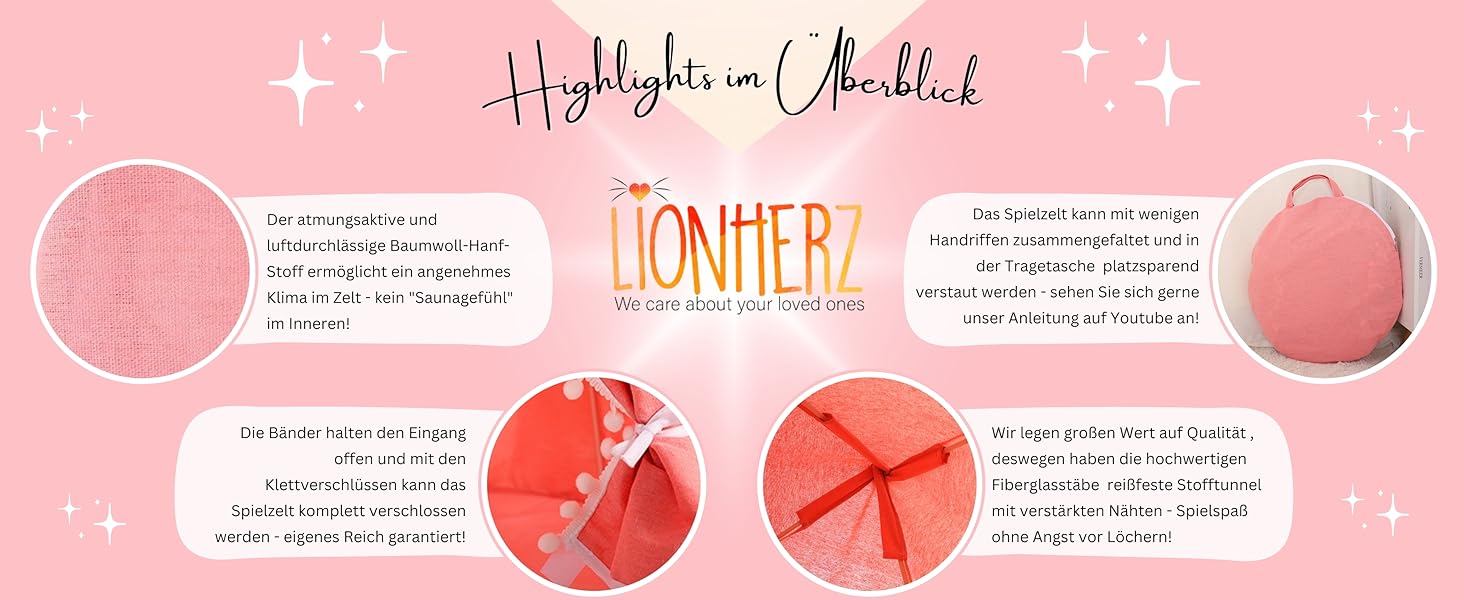 Дитячий намет LIONHERZ® DAS ORIGINAL: Принцесин замок з бавовни та льону | З фібергласовими стержнями та сумкою | Стабільний намет-тіпі для дівчаток (Кораловий рожевий, без аксесуарів)