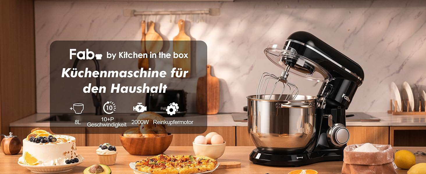 Кухонна машина Kitchen in the box Fab-Serie, потужний планетарний міксер 2000Вт, чаша 8л, 10 швидкостей, з вінчиком, гаком та мішалкою, чорний