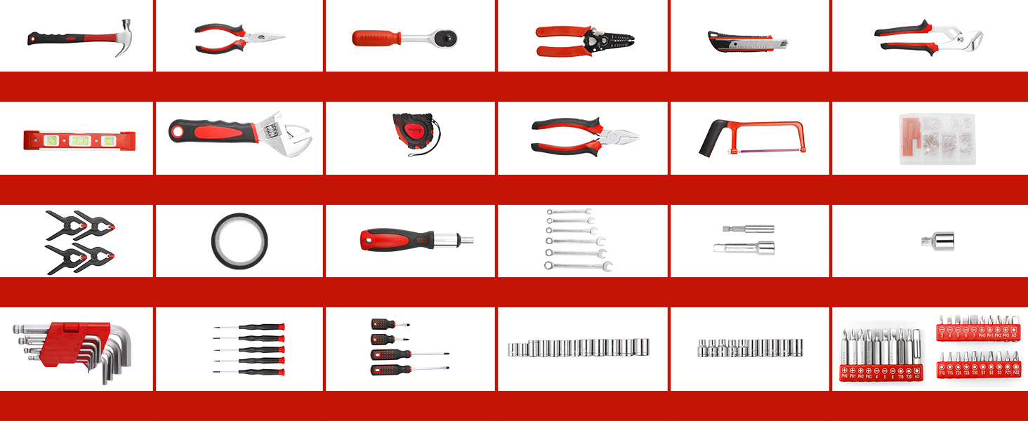 Набір інструментів TLGREEN 198 предметів у кейсі: побутовий, з тріскачкою, набором головок, викрутками – червоно-чорний