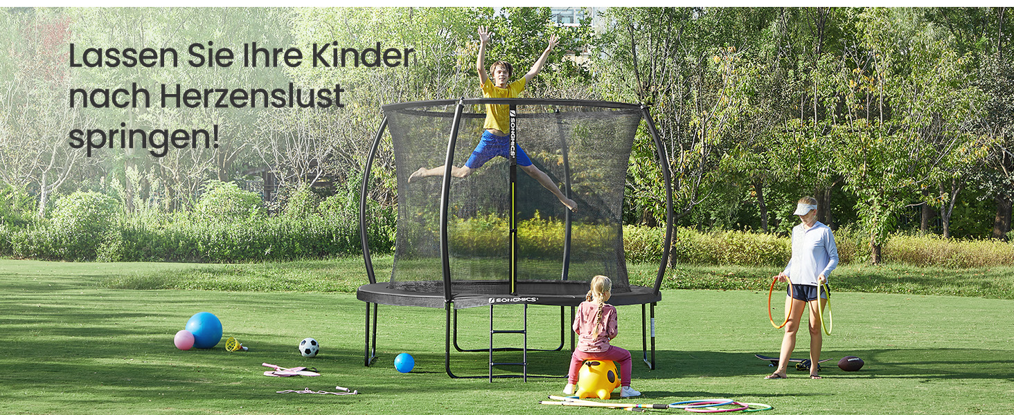 Батут SONGMICS садовий Ø305 см з захисною сіткою, драбиною та м'якими стійками, чорний