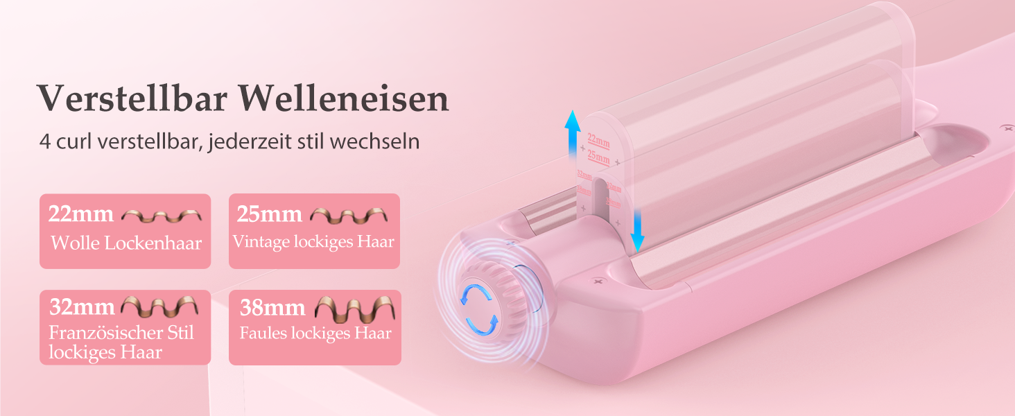 4-в-1 Випрямляч для волосся з насадками - локони 22/25/32/38 мм, для створення пляжних, природних та водохвиль, 4 температури (140-210°C), рожевий