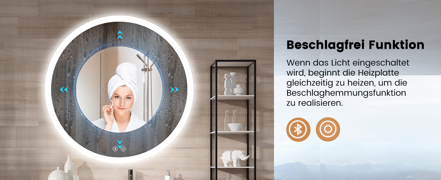 Дзеркало для ванної кімнати YOLEO з підсвічуванням, 70 см, LED, Bluetooth, сенсорне управління, захист від вибухів, 3 кольори світла, регулювання яскравості, антизапарник