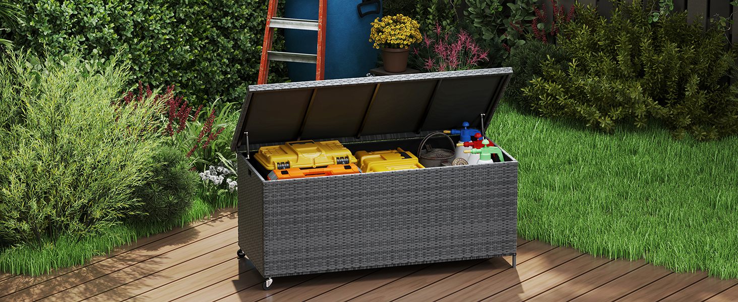 Водонепроникний садовий ящик для зберігання UDPATIO 480л з колесами, сірий 138x61 см | Ящик для подушок, стійкий до УФ-випромінювання та погодних умов для саду, балкону
