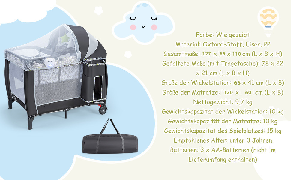 Детское путешествие 102x72 см: складная кроватка-манеж для новорожденных и детей 0-36 месяцев с матрасом, колесиками, москитной сеткой и пеленальным столиком, 3 в 1 (Model 2-gray)