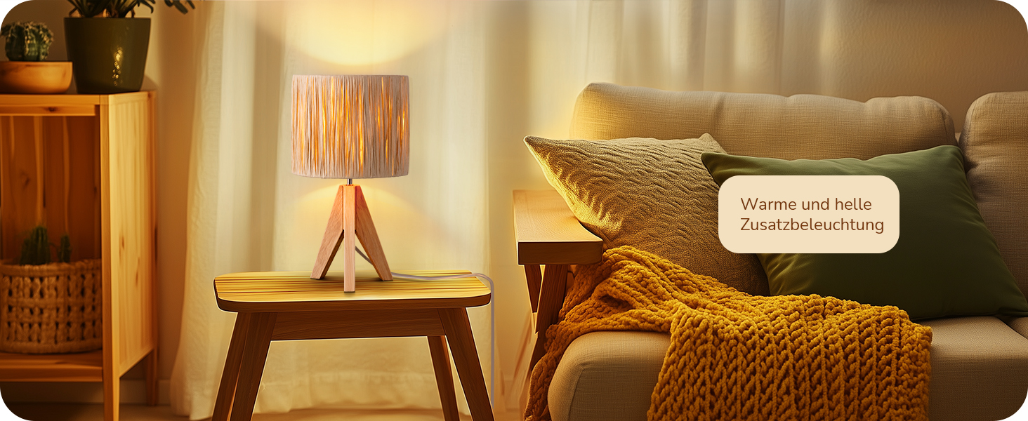 EDISHINE Настільна лампа з ручним плетінням, тепле світло 2700K, дерев'яний штатив, Boho стиль, для спальні, вітальні, готелю, з LED лампою E27 4W, абажур з ротангового паперу