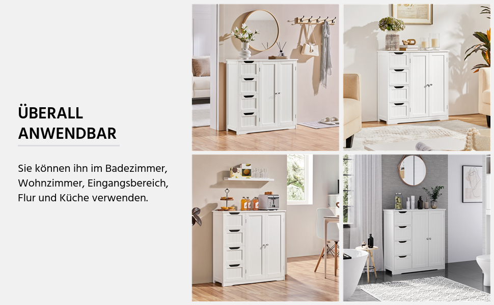 Шафа для ванної кімнати Yaheetech з 4 висувними ящиками та 2 дверцятами, тумбочка для ванної кімнати, шафа для підлоги, з регульованою полицею, для ванної кімнати, вітальні, коридору, кухні, білий, 81 × 30 × 83 см