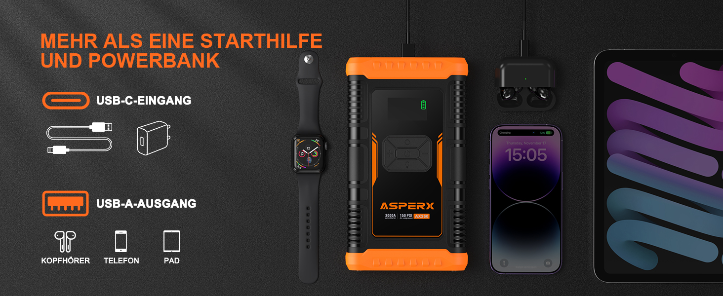 Powerbank з компресором ASPERX Starthilfe 150PSI, 3000A - пусковий пристрій для авто, мото, SUV (до 10л бензину/8л дизеля) з LED-ліхтариком