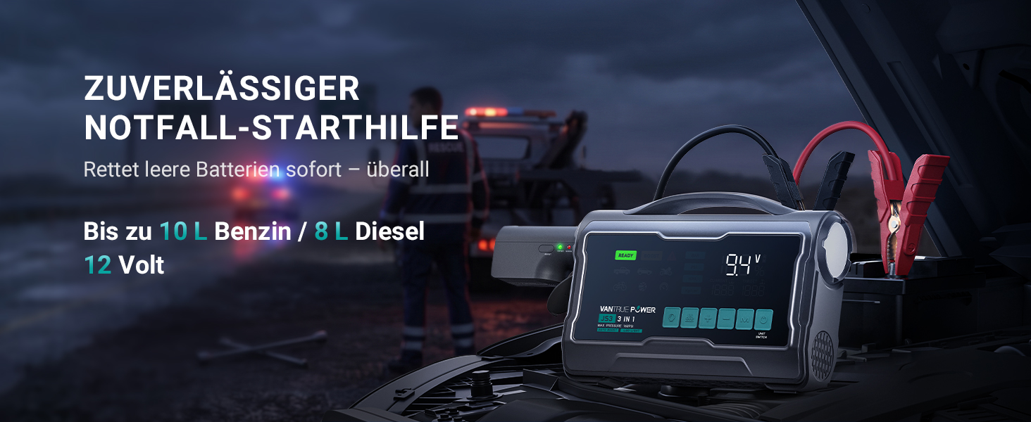 Пусковий пристрій для авто VANTRUE POWER JS3: бустер-павербанк з компресором 160 PSI, чорно-сріблястий