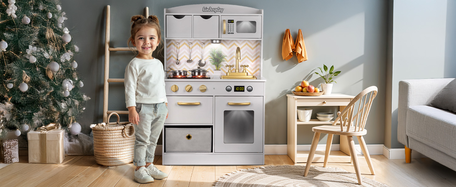 Дерев'яна дитяча кухня Kinderplay з LED та звуками приготування їжі – регульована висота 92–107 см – іграшкова кухня для ролевих ігор від 3 років – повний комплект з аксесуарами, світло-сірий колір Elegant - світло-сірий