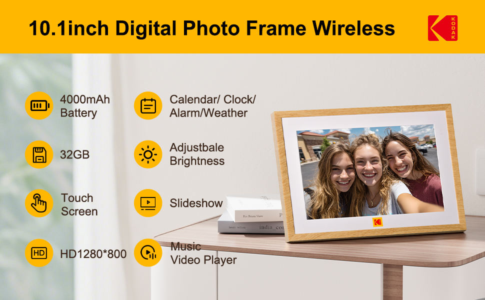 Цифровий фоторамка Kodak WiFi 10,1 дюйма, Автоматичне обертання, 32GB, Сенсорний екран 1280x800, Акумулятор 4000mAh, Дерев'яний колір