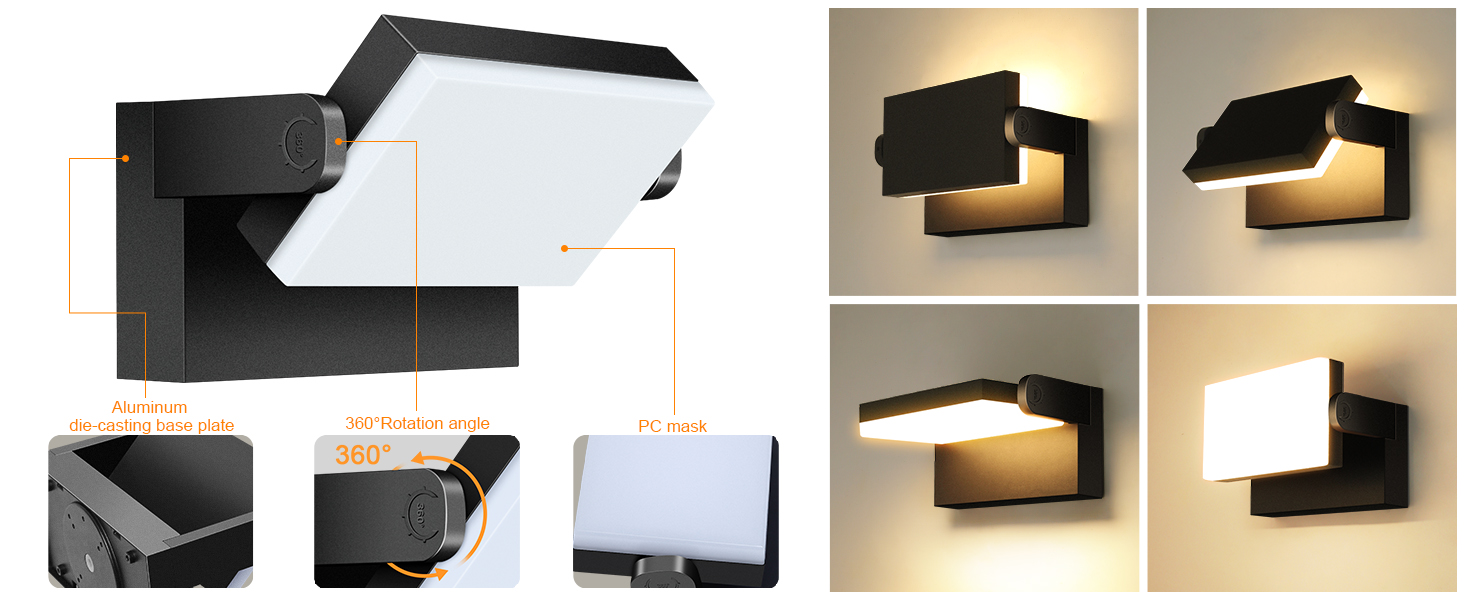 Стіна LED-ліхтар Kingwen 40W, сучасний настінний світильник з поворотним корпусом 360°, водонепроникний IP65, тепле біле світло 3000K, чорний, для тераси та гаража