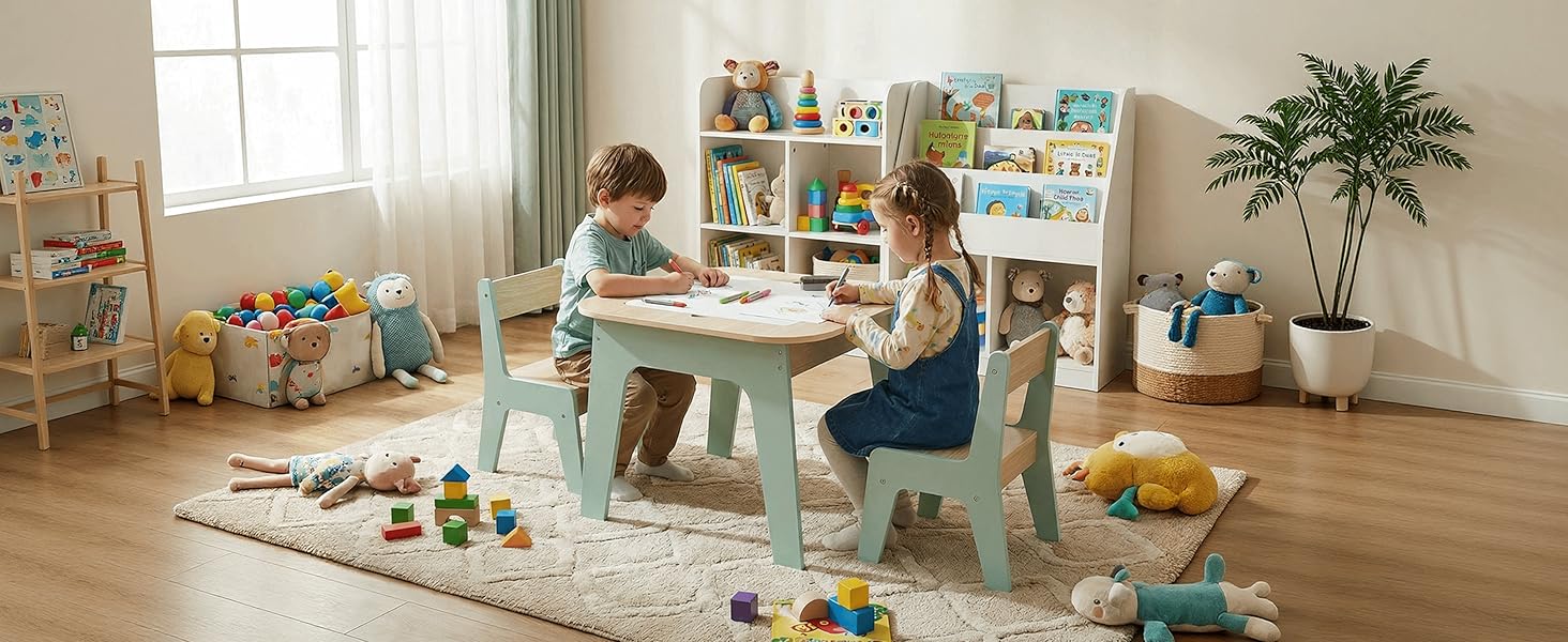 Дитячий стіл і стільці Clevich: комплект для дитячої кімнати з місцем для зберігання, 2 стільці, двосторонній стіл для малювання та будівельна пластина, зелений