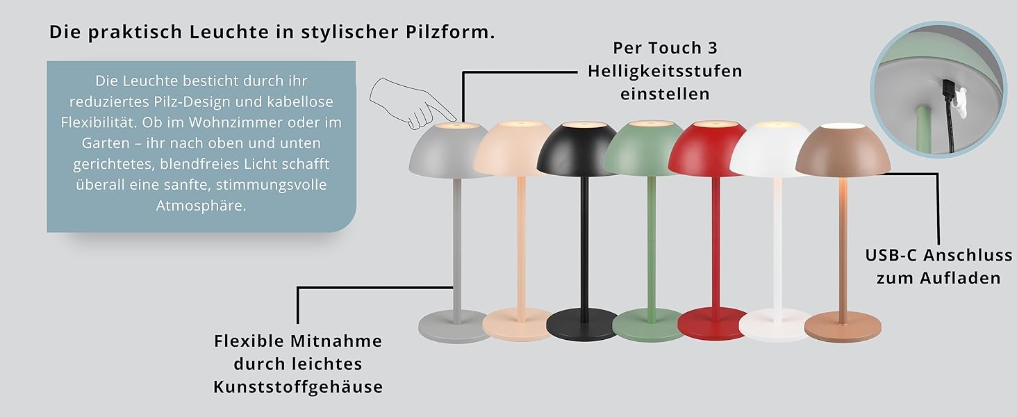 Бездротова лампа Роберта: LED-настільна лампа, нічник з регулюванням яскравості, USB-зарядка, 30 см, Кофе
