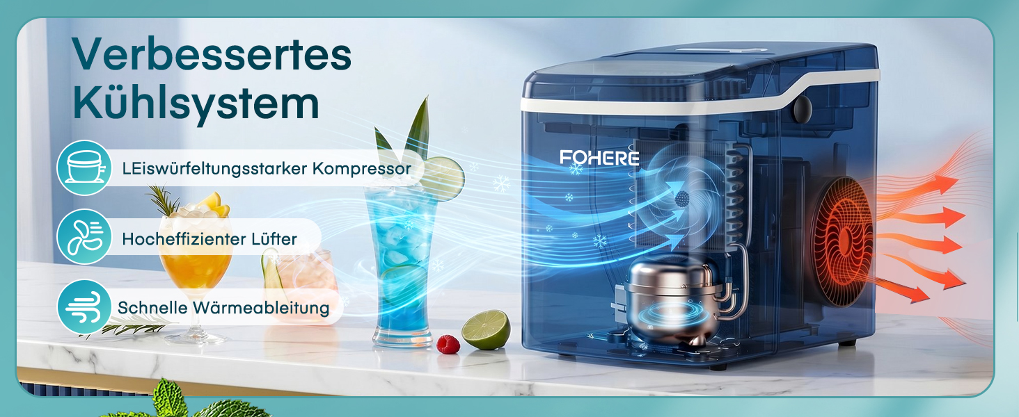 Компактна льодогенератор FOHERE з функцією самоочищення, 14 кг/доба, 2 розміри кубиків льоду, портативний льодогенератор для кухні, офісу та бару, чорний