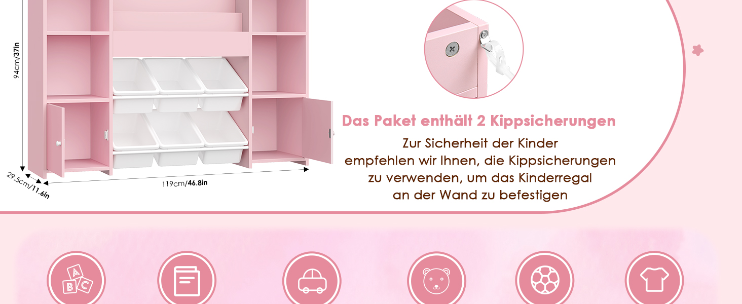 FOREHILL Дитяча полиця-стеллаж для іграшок та книг з 6 ящиками, 119 x 29,5 x 94 см, білий (рожевий)