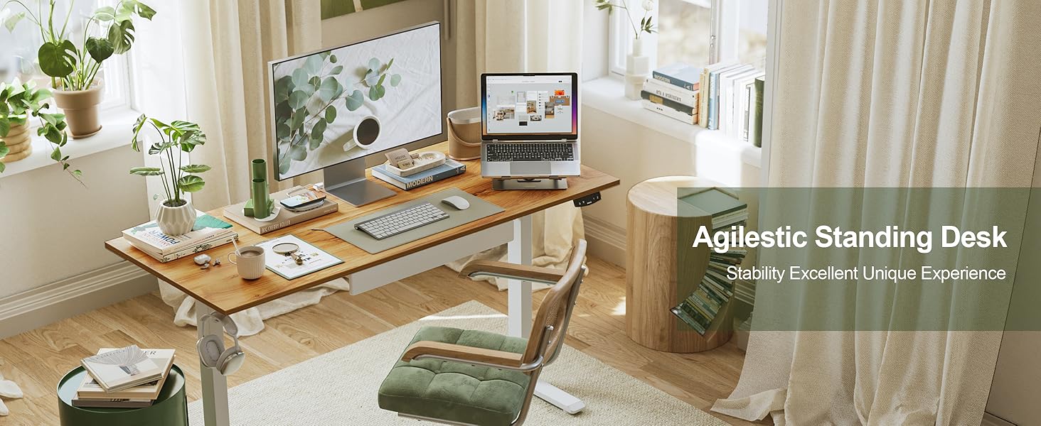 Електричний стоячий стіл Agilestic з ящиком, регульована висота, ергономічний стіл 120 x 60 см, дерево, пам'ять налаштувань, для роботи вдома та в офісі, світло-коричневий