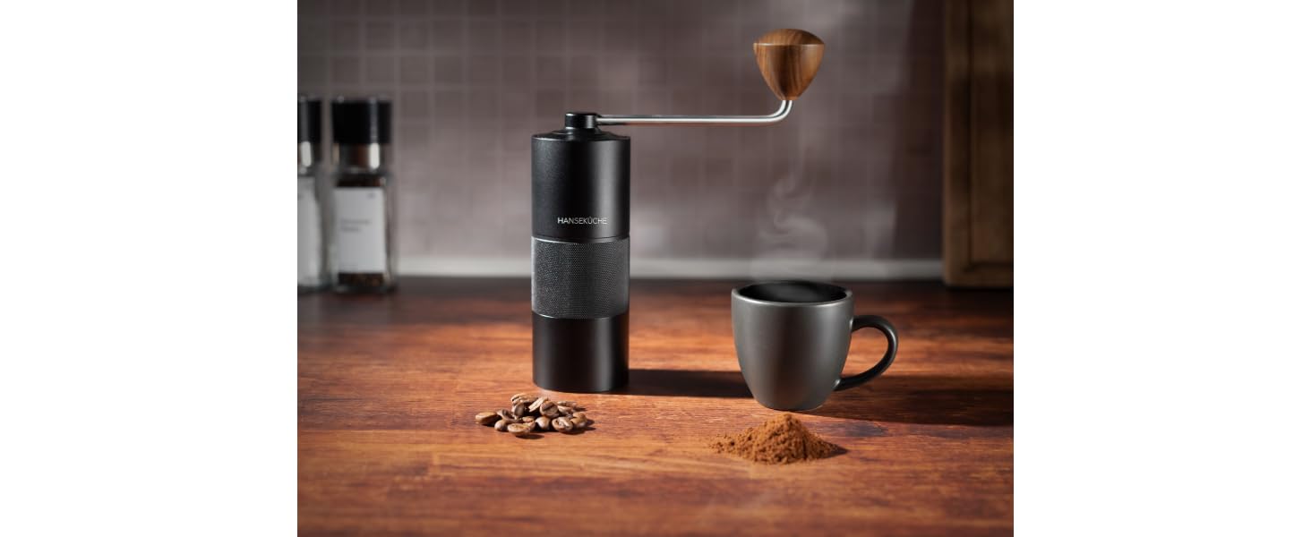 Кавомолка ручна з прецизійним шліфувальним механізмом з нержавіючої сталі та дерев'яним руків'ям - конічний жорно для еспресо, кавомолка для еспресо, нержавіюча сталь (чорний)