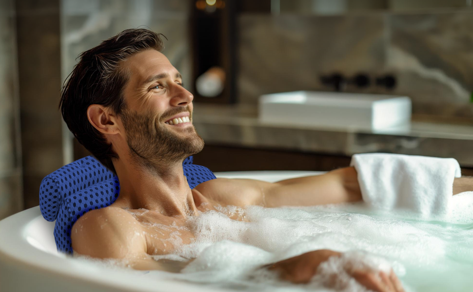 Подушка для ванни з сіткою для прання - Максимальний комфорт та розслаблення з новітньою технологією Air Mesh - Подушка для ванни з 7 міцними присосками - Підтримка шиї/голови (Темно-синій)