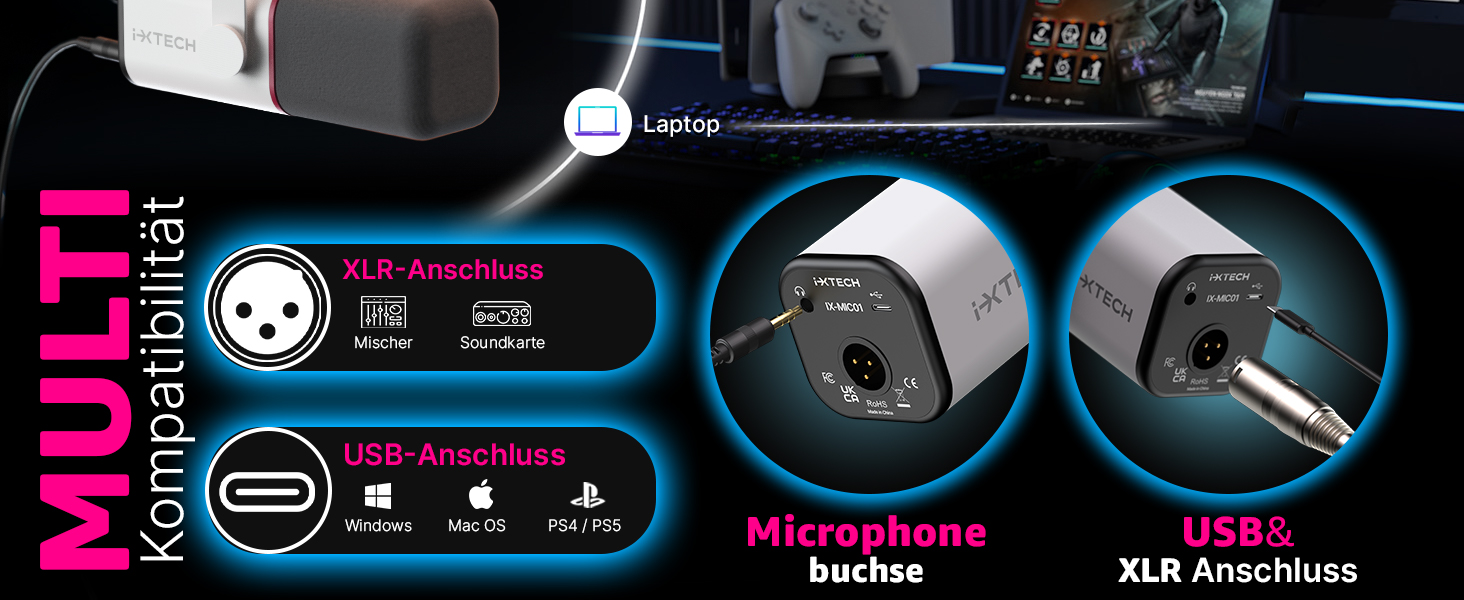 IXTECH Динамічний мікрофон із кардіоїдною діаграмою, RGB підсвітка, USB/XLR, для співу, подкастів, стрімінгу, запису, ігор та озвучування, білий