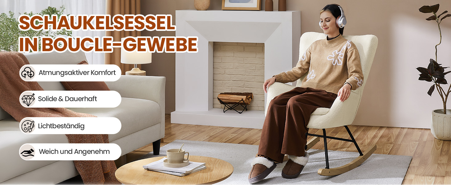 Крісло-гойдалка Yaheetech з відкидною спинкою, м'яке, до 136 кг, для вітальні/спальні/балкону, бежеве