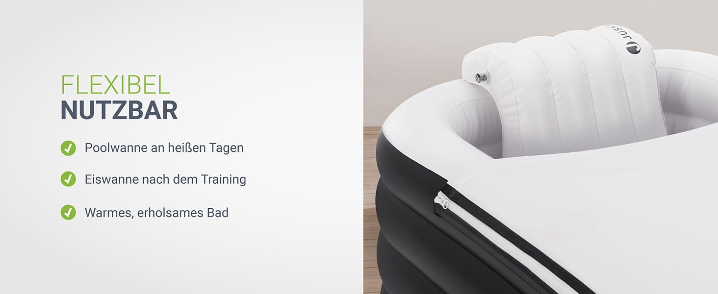 Надувна ванна Juskys M - для відпочинку на відкритому повітрі, складана, мобільна, з підголівником, для балкона, чорна, з кришкою та насосом