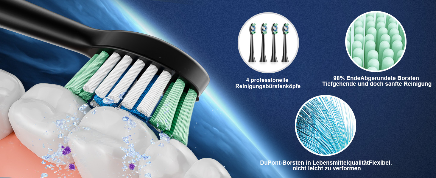 Електрична зубна щітка Betterchoi з магнітною левітацією, 41 000 VPM, 4 насадки, IPX7, 180 днів роботи, 5 режимів, таймер, чорна