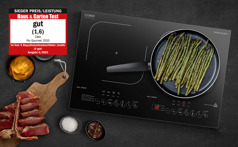 CASO Pro Gourmet 3500 - Двоконфорочна індукційна плитка, max. 3500 Вт, 60-240°C, 12 рівнів потужності, для посуду до 22 см