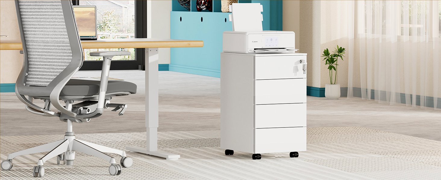 Роликовий контейнер HOMSTEEL з замком, 4 ключі, 4 шухляди, металевий шафа, готовий до збирання, для офісу, домашнього офісу, білий (44T x 37B x 69.5H cm)