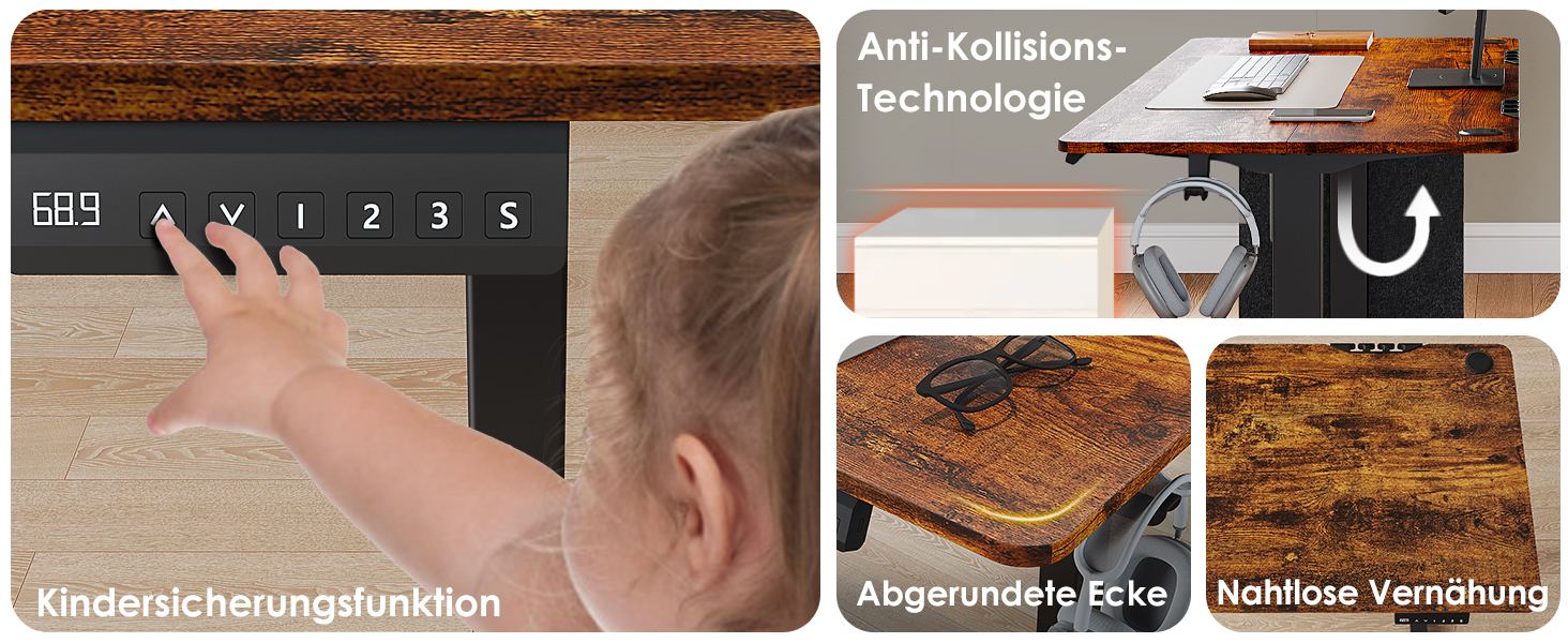 Електричний регульований стіл 120x60 см з пам'яттю висоти. Стіл для стоячи/сидячи, з висувними ящиками, коричневий, для дому/офісу/навчання.