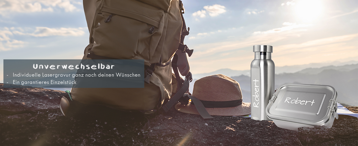 Ланчбокс з нержавіючої сталі з гравіюванням імені + пляшка для води – 800 мл, 470 мл, з роздільником, захист від протікання, бенто-бокс – подарунок, 1 вересня, спорт, відпочинок на природі