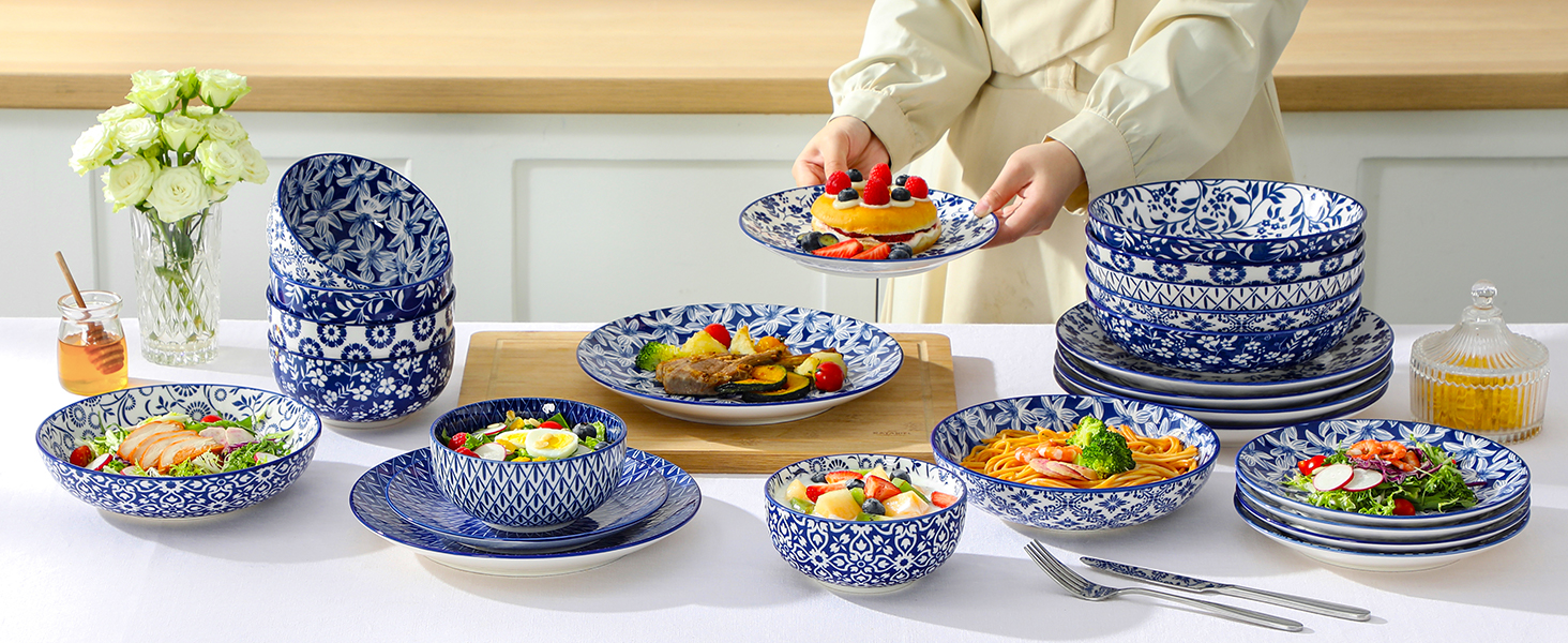 Набір кавових чашок Vancasso Selene, 6 шт., 360 мл, блакитно-білий вінтажний дизайн, для кави, молока, чаю та какао