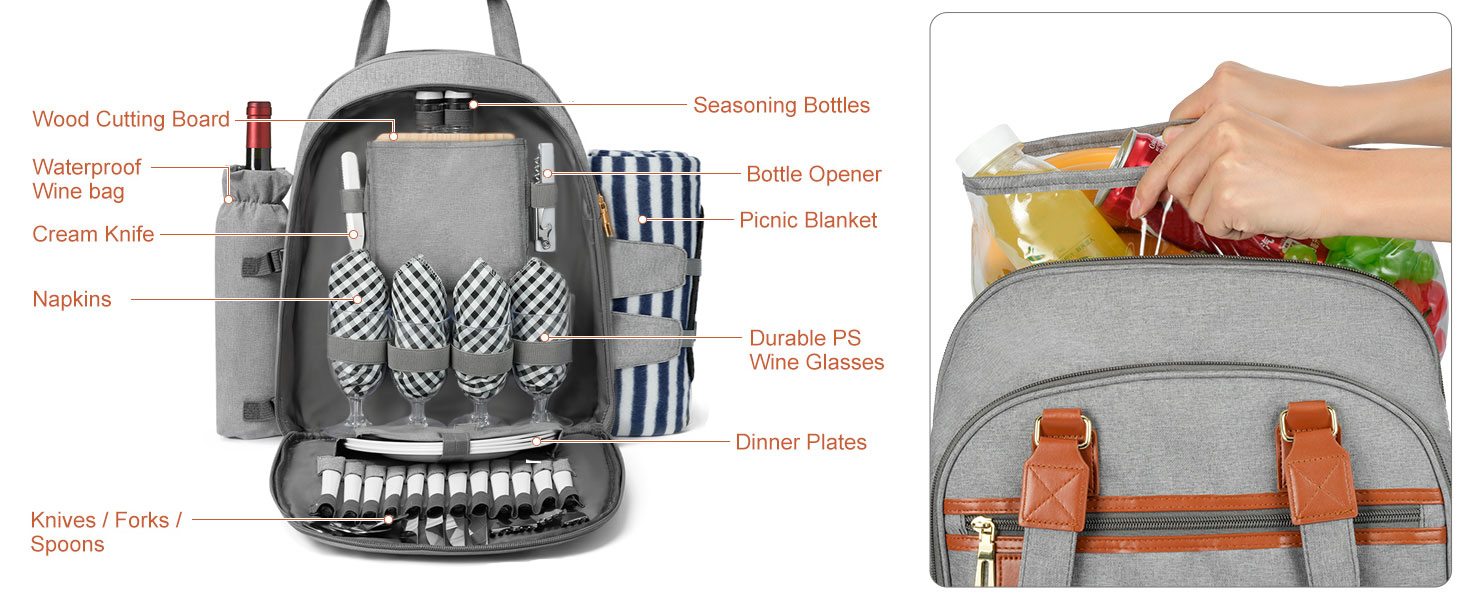Набір для пікніка на 4 особи з термосумкою, флісовою ковдрою, столовим приладдям, для кемпінгу, пляжу, подорожей, походів (Світло-сірий)
