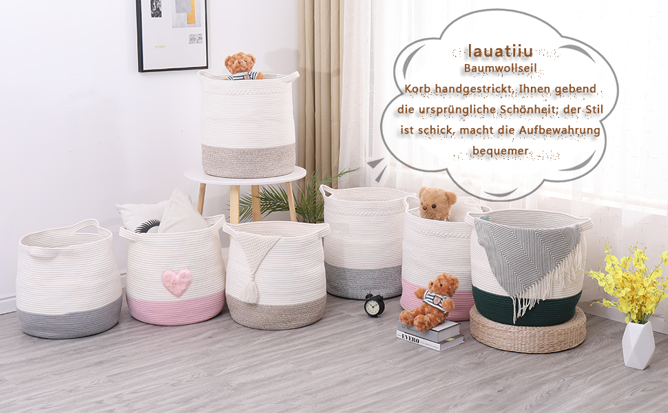 Великий кошик з бавовняного шнура, плетений кошик для іграшок, білизни та ковдр, організатор, круглий кошик для подарунків з ручками для дитячої кімнати, 45x43 см, Рожевий