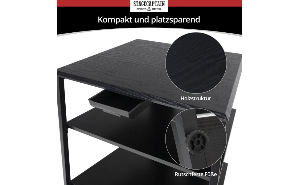 Регульована стійка Stagecaptain для Hi-Fi обладнання з 4 рівнями, чорне дерево, сталевий каркас, витримує до 50 кг